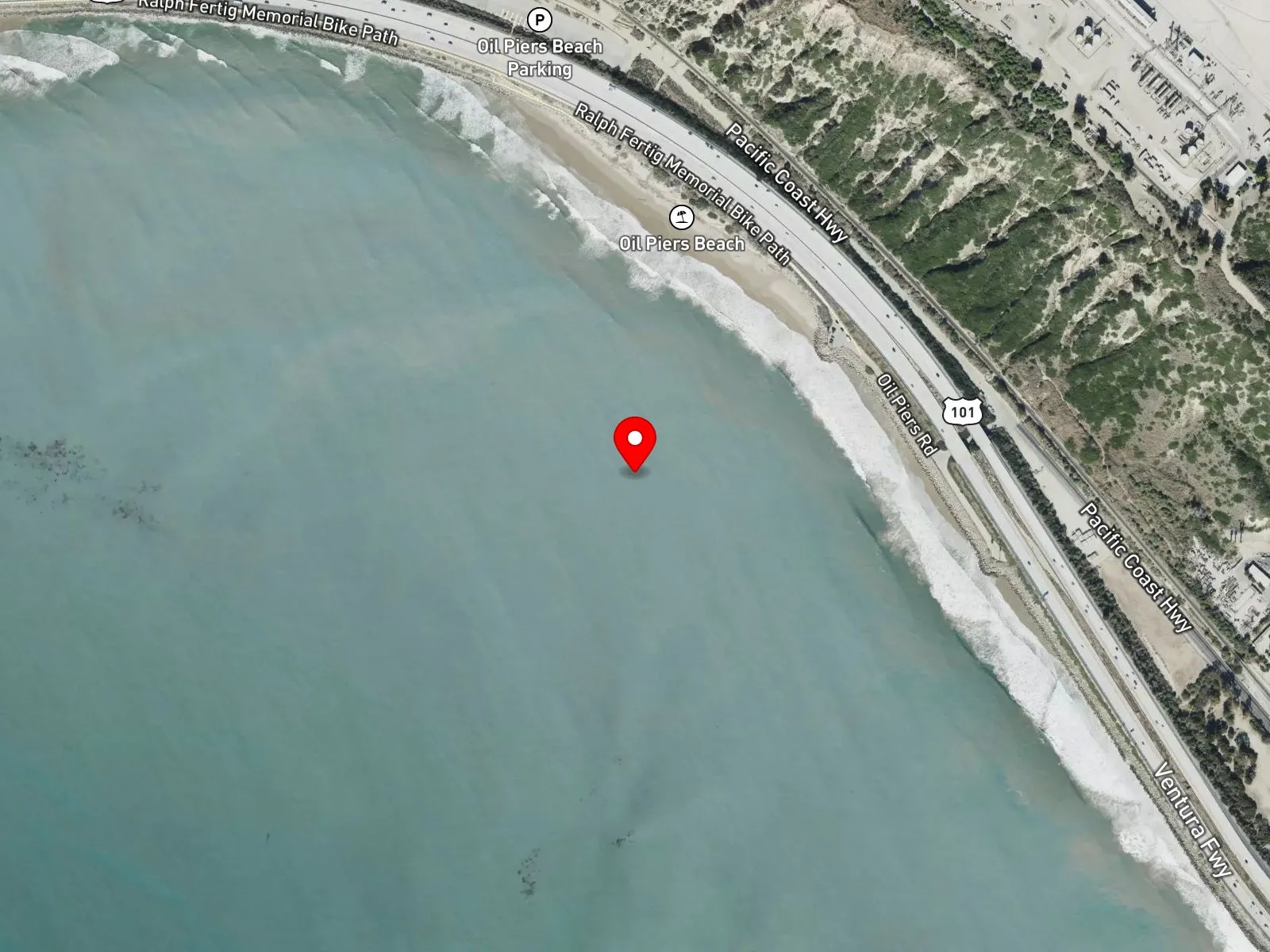 Map of Oil Piers Beach showing the Old PCH pullout and the Seacliff Beach Colony