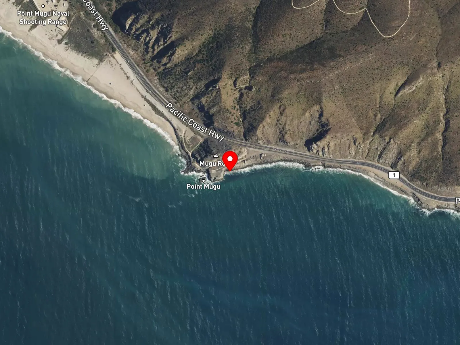 Map of Point Mugu Beach showing Mugu Rock and the Point Mugu State Park shoreline