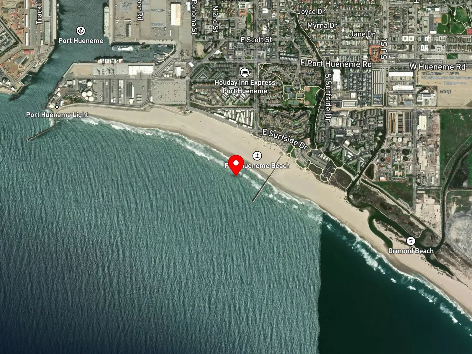 Map of Port Hueneme Beach Park showing the wooden fishing pier and the upland park