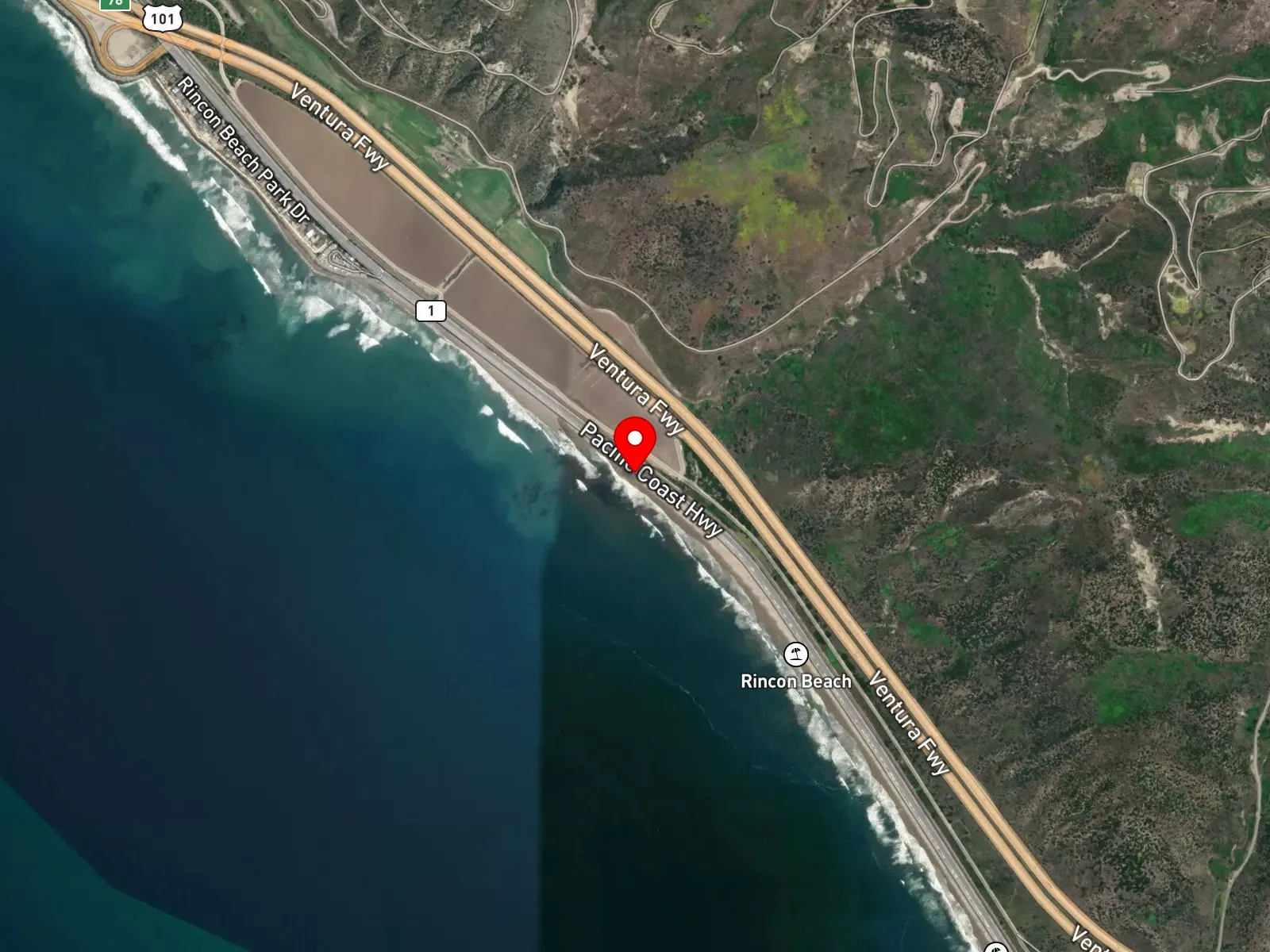 Map of Rincon Parkway Beach showing the RV strip between Faria and Hobson