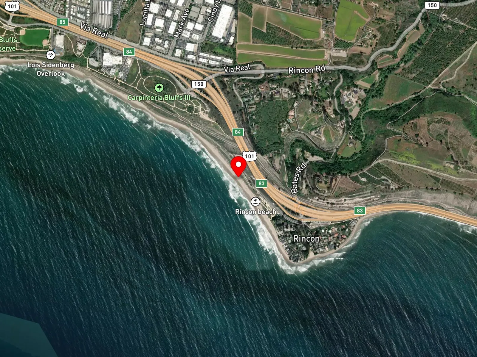 Map of Rincon Point showing the Bates Road lots, the creek mouth, and the point