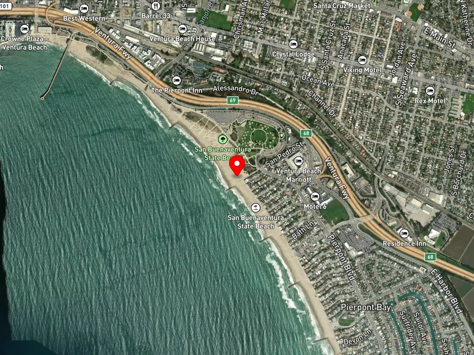 Map of San Buenaventura State Beach showing the Ventura Pier and Pierpont shoreline