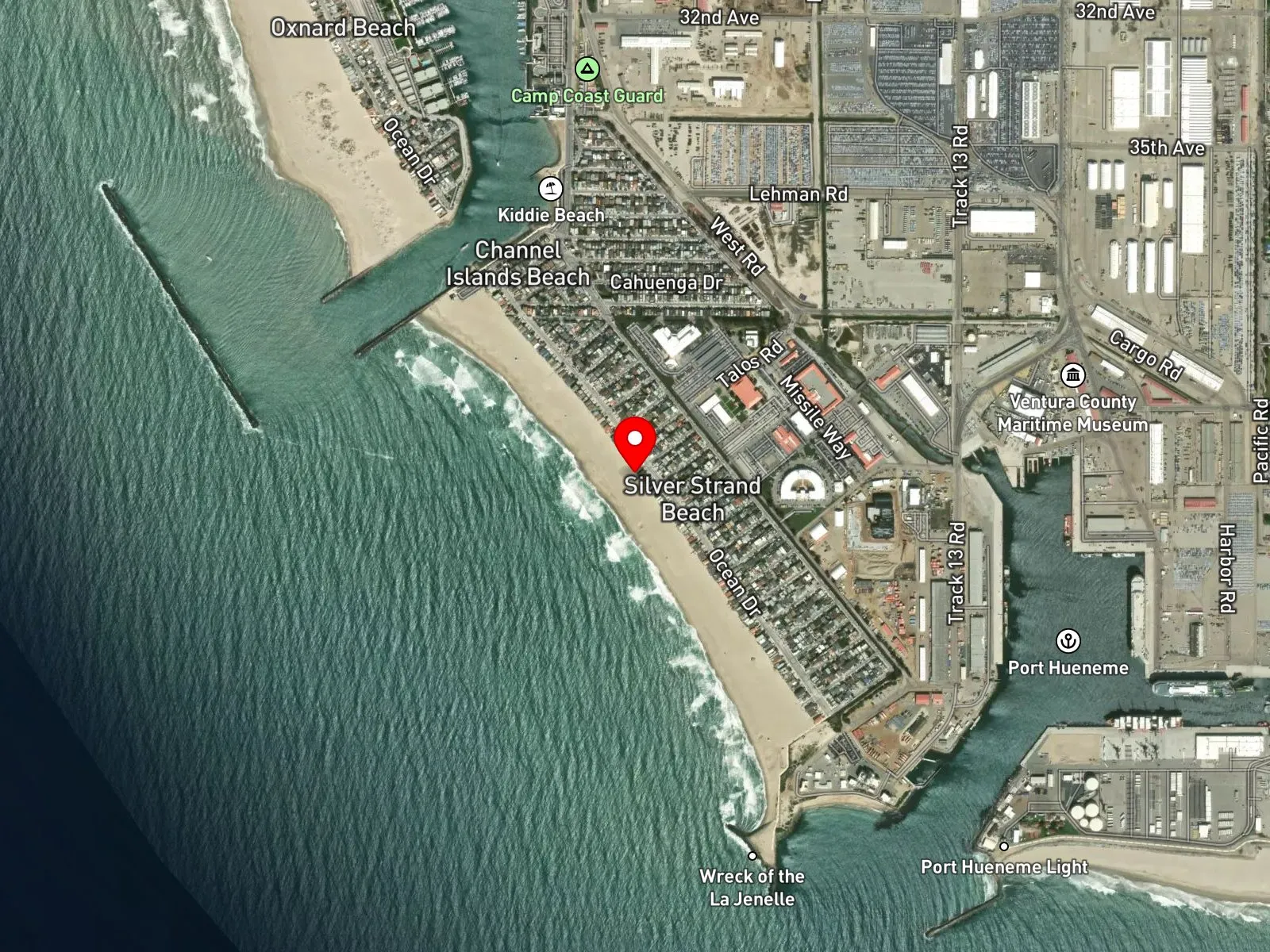 Map of Silver Strand Beach showing the two harbor jetties and La Jenelle Park