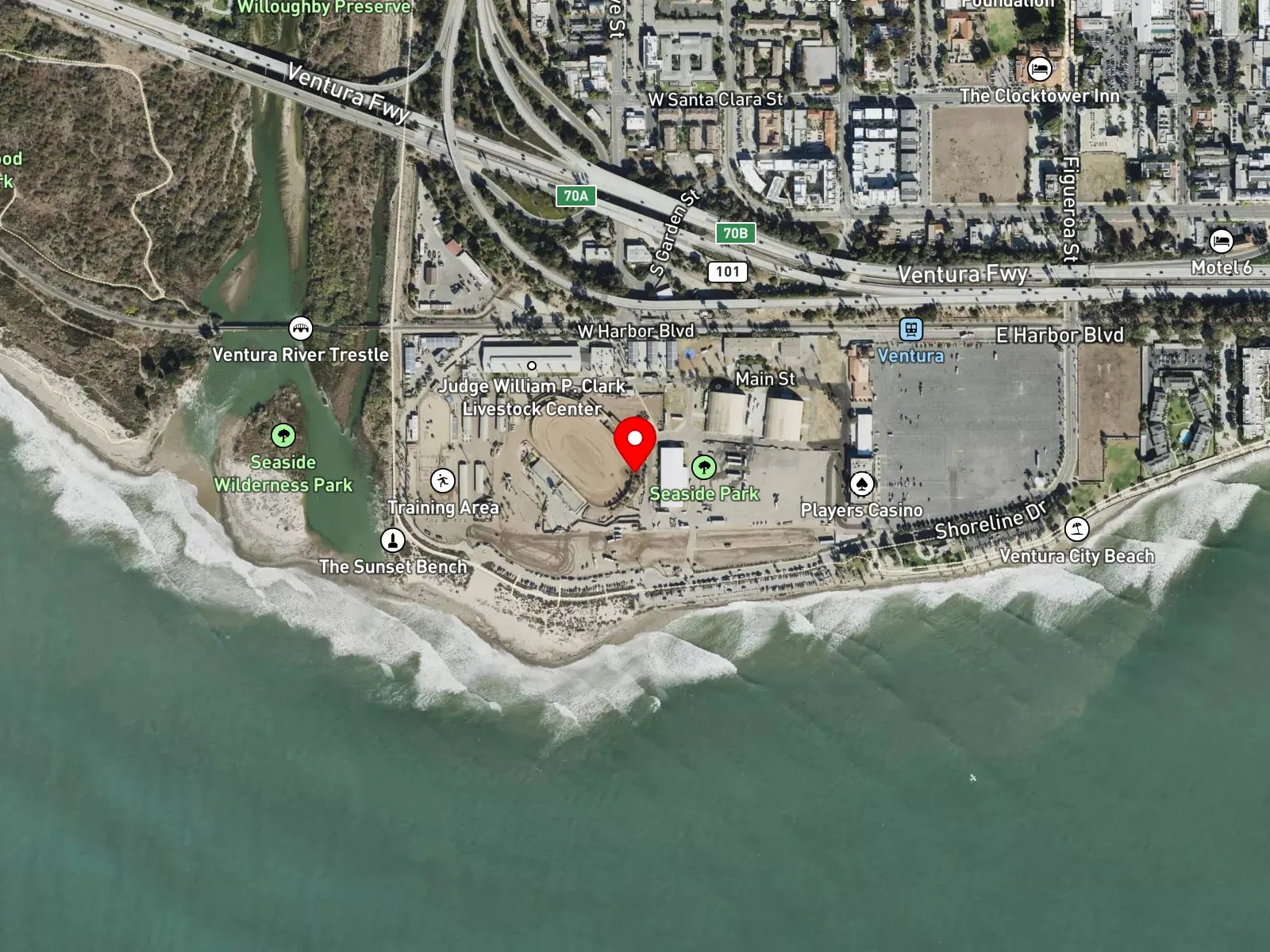 Map of Surfers Point at Seaside Park showing the fairgrounds, bike path, and point
