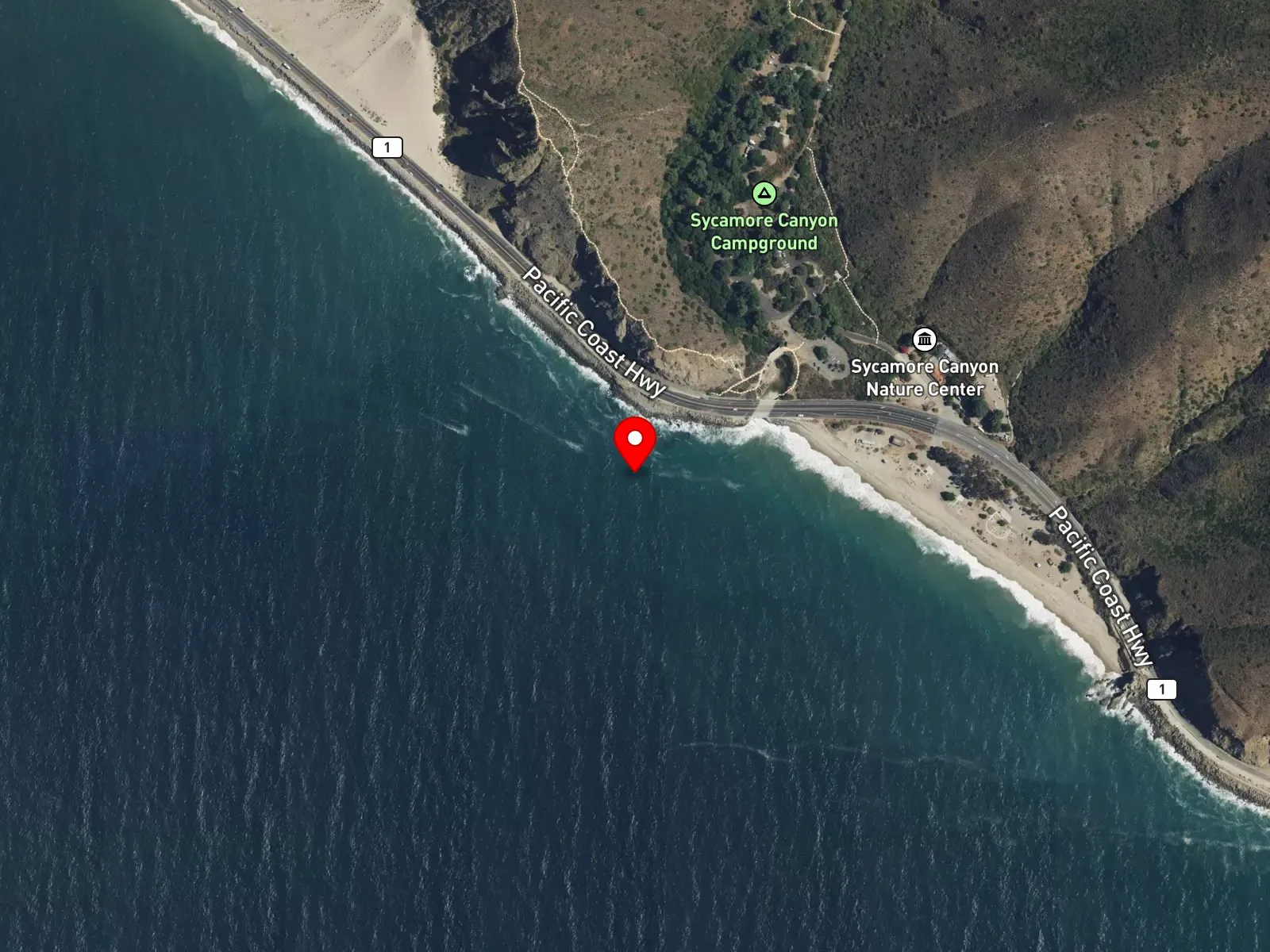 Map of Sycamore Cove Beach showing the day-use area, the canyon mouth, and the rocky points